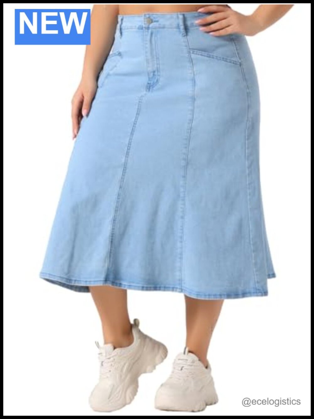 Women's Plus Size High Waist A-Line Midi Denim Skirt with Pockets